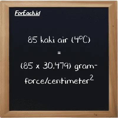 Cara konversi kaki air (4<sup>o</sup>C) ke gram-force/centimeter<sup>2</sup> (ftH2O ke gf/cm<sup>2</sup>): 85 kaki air (4<sup>o</sup>C) (ftH2O) setara dengan 85 dikalikan dengan 30.479 gram-force/centimeter<sup>2</sup> (gf/cm<sup>2</sup>)